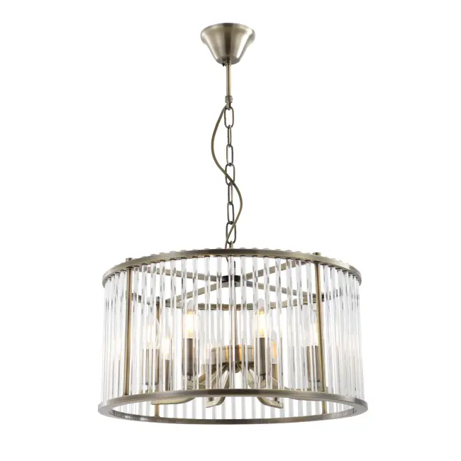 Lustre en cage en laiton antique à 8 légers avec tiges en verre
