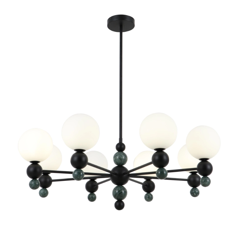 Lustre moderne en forme de globe en verre à 8 lumières avec accents de marbre vert