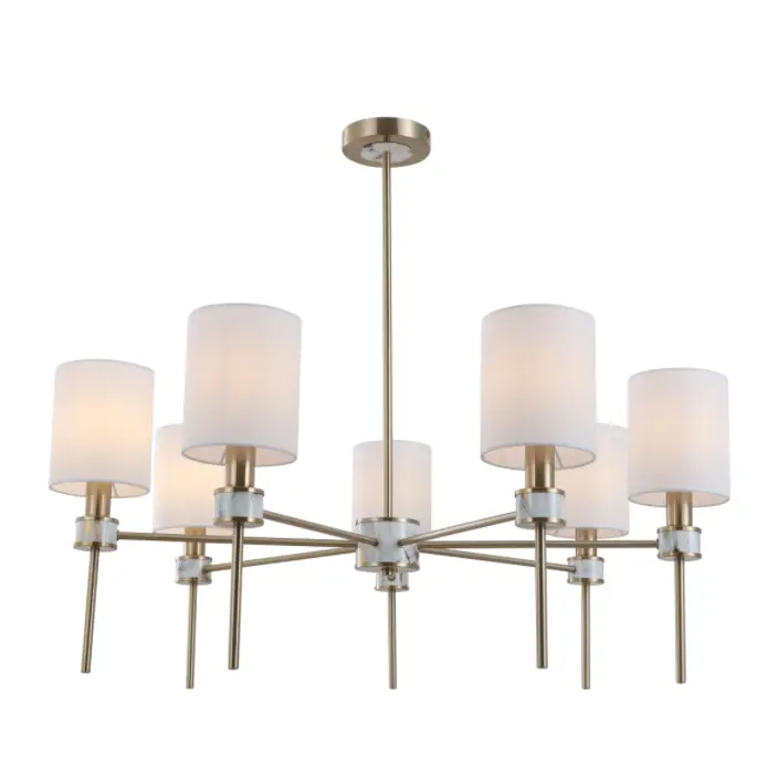 Lustre suspendu en laiton à abat-jour cylindrique en tissu blanc cassé multi-lumières