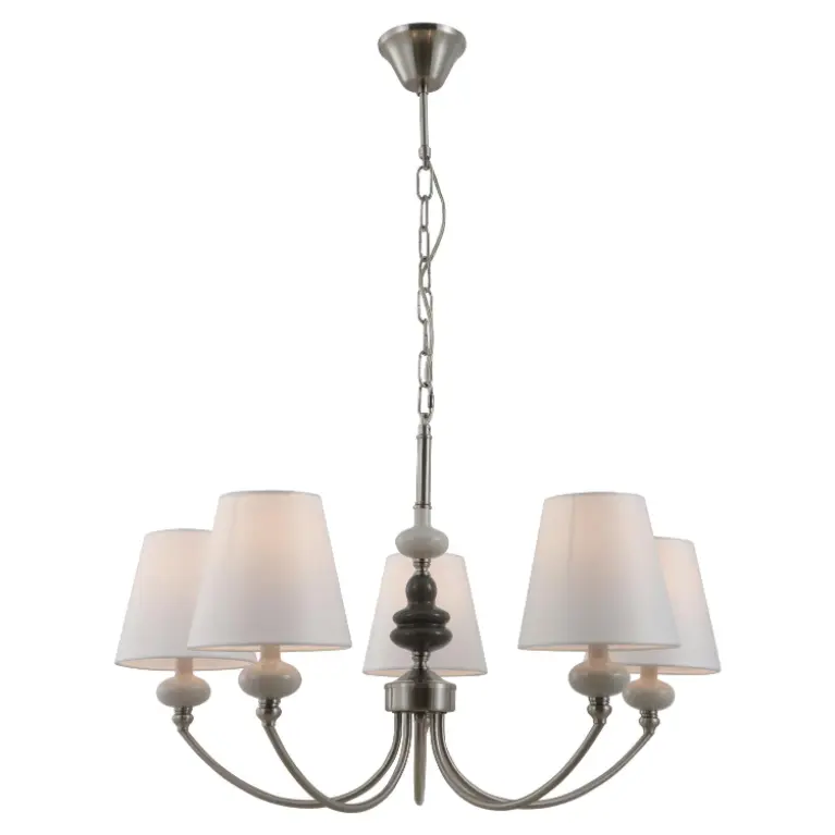 Chandelier en céramique en nickel en satin avec des teintes de tissu conique blanc